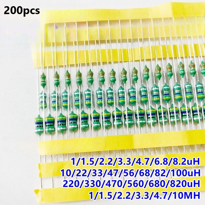 1W Color Ring Inductor Kit 200Pcs Axial 18 Values 2.2μH-10mH for Arduino Electronics Projects