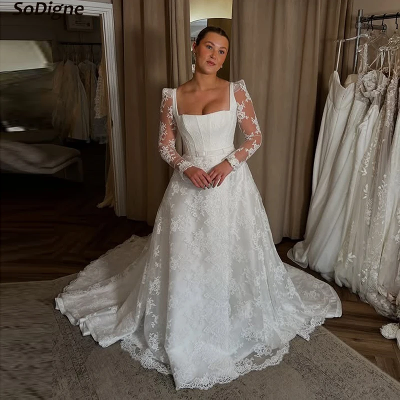 

SoDigne Lace A-line Wedding Dress Square Collar Full Sleeves Bride Dresses Boho 2025 Bridal Gowns vestidos de novia Customized