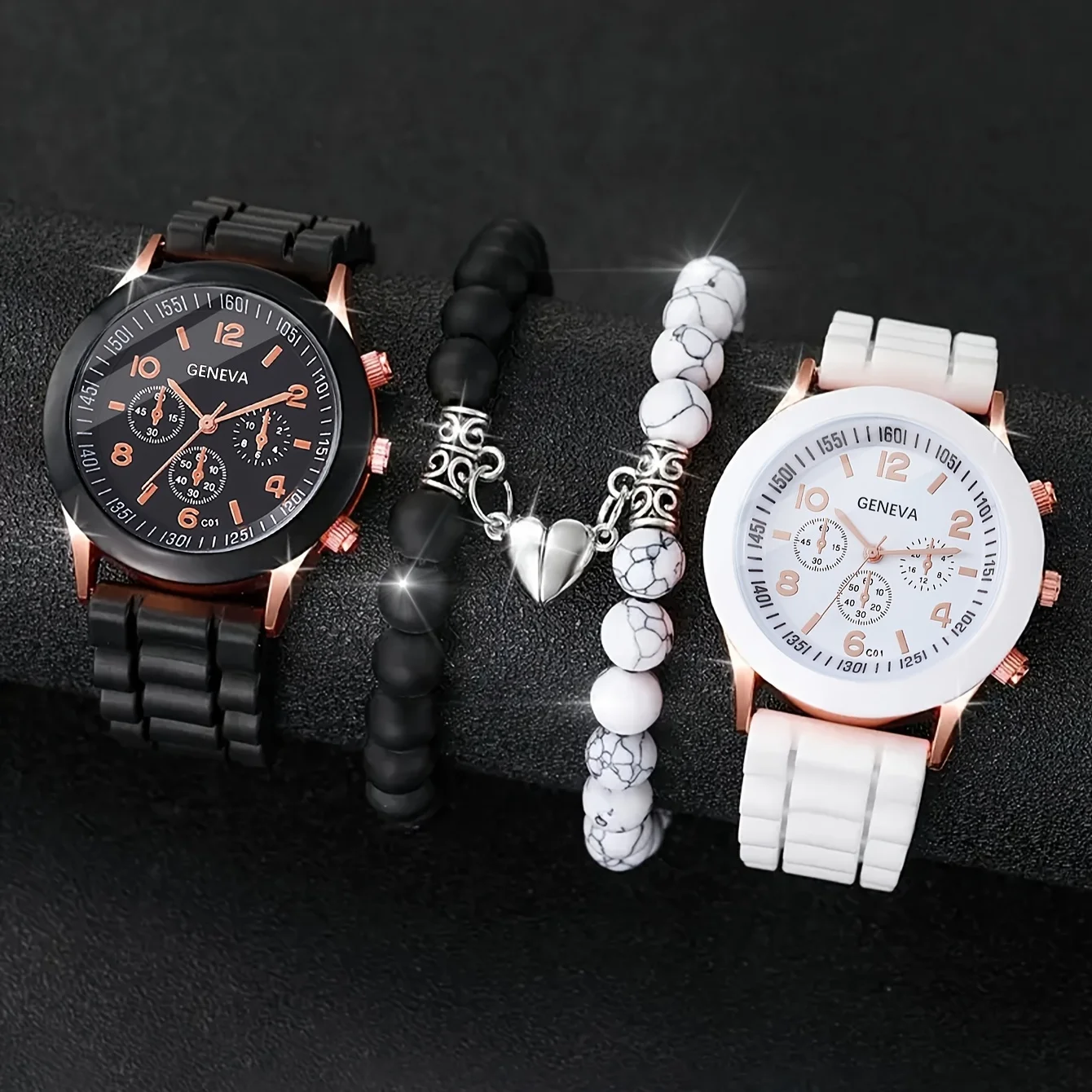 4pcs Fashionable, Minimalist, and Versatile Men AND WOMEN'S Couple Watch Pairing with Love Bead Bracelet Set