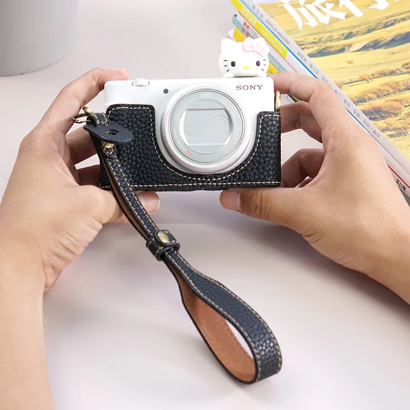 Media funda de cámara para Sony ZV1F ZV1M2, bolsa protectora de cámara, apertura inferior, cuero hecho a mano con placa base con correa para la muñeca y el hombro