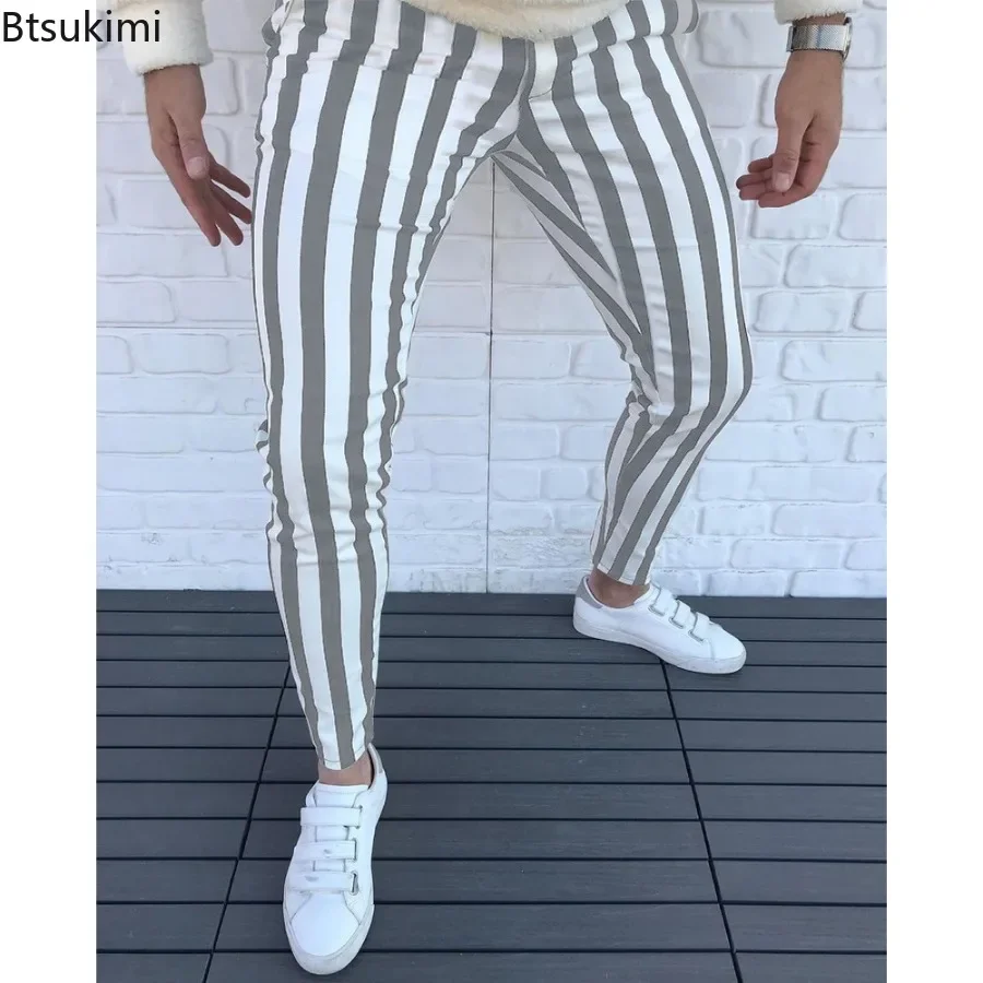 New 2025 Men's Casual Pants Men Stretch Ankle-length Pants Pencil Pants with Pockets Male Fashion Slim Striped Business Trousers