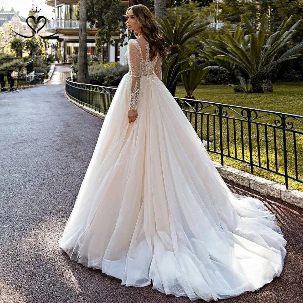 

Милое блестящее свадебное платье с длинными рукавами и бисером трапециевидной формы со шлейфом принцессы Vestido De Novia Swansarah платье невесты