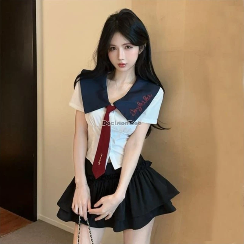 2026 new women's white short sleeved top women's college style jk uniform suit creative top tie black short skirts 3-piece suit