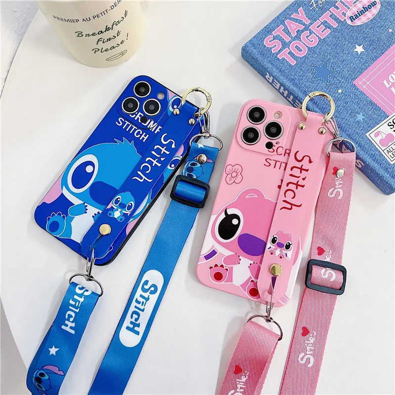 Schattige Cartoon Stitch Crossbody Hals Riem Lanyard Telefoonhoesje Voor Iphone 15 14 12 13 11 Pro Max X Disney Polsband Beugel Cover