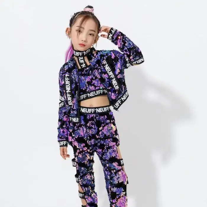 

Детский комплект для девочек с фиолетовыми пайетками в стиле хип-хоп, одежда для уличных танцев, джазовый костюм, одежда для сценических выступлений, одежда с расклешенными рукавами