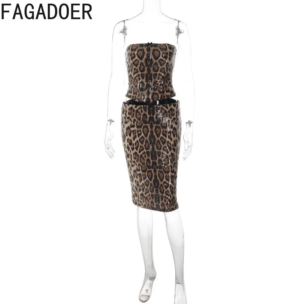 FAGADOER Sexy Leopard Print 2 Pieces Set for Woman Outfits Sequin Sleeveless Backless Crop Top and Skirt Suit Female Streetwear
