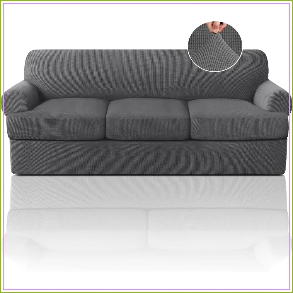 T Cushion Sofa Slipcover 4 Piece Soft Couch Cover with 3 Seat Covers Grey