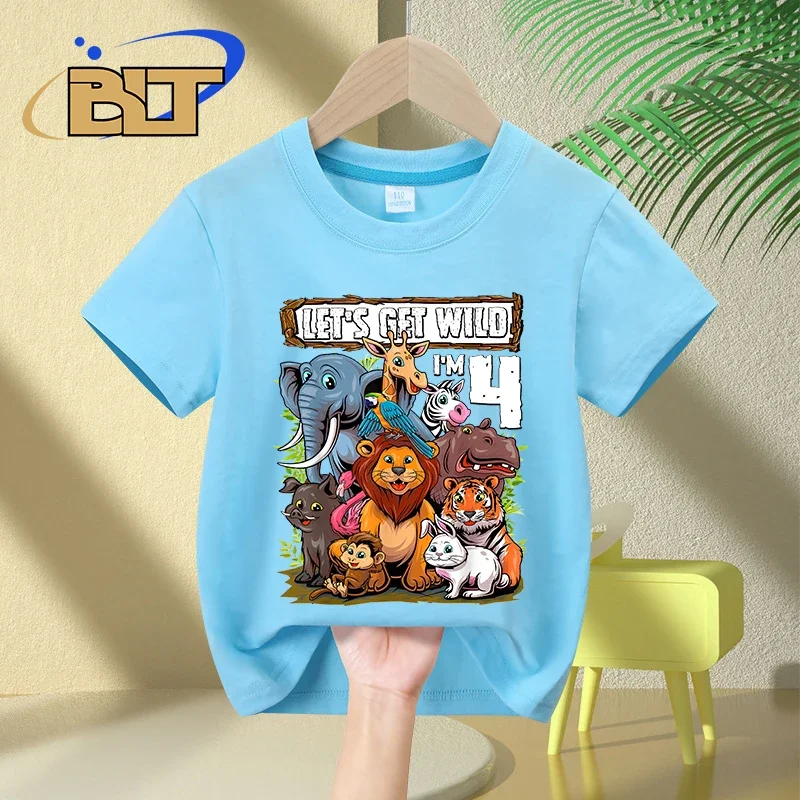 T-shirt à Manches Courtes en Coton pour Enfant, Imprimé Safari, Cadeau d'Anniversaire, 4 Ans, Été