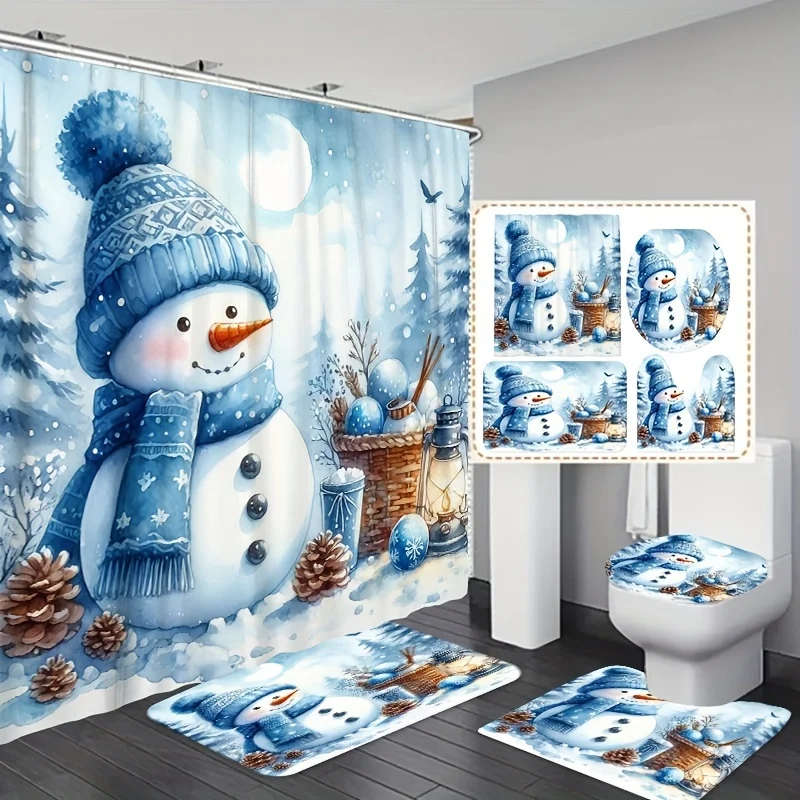 1pc/3pcs/4pcs Blue Hat Scarf Snowman Snow Curtain Bathroom Set, for Christmas, Winter