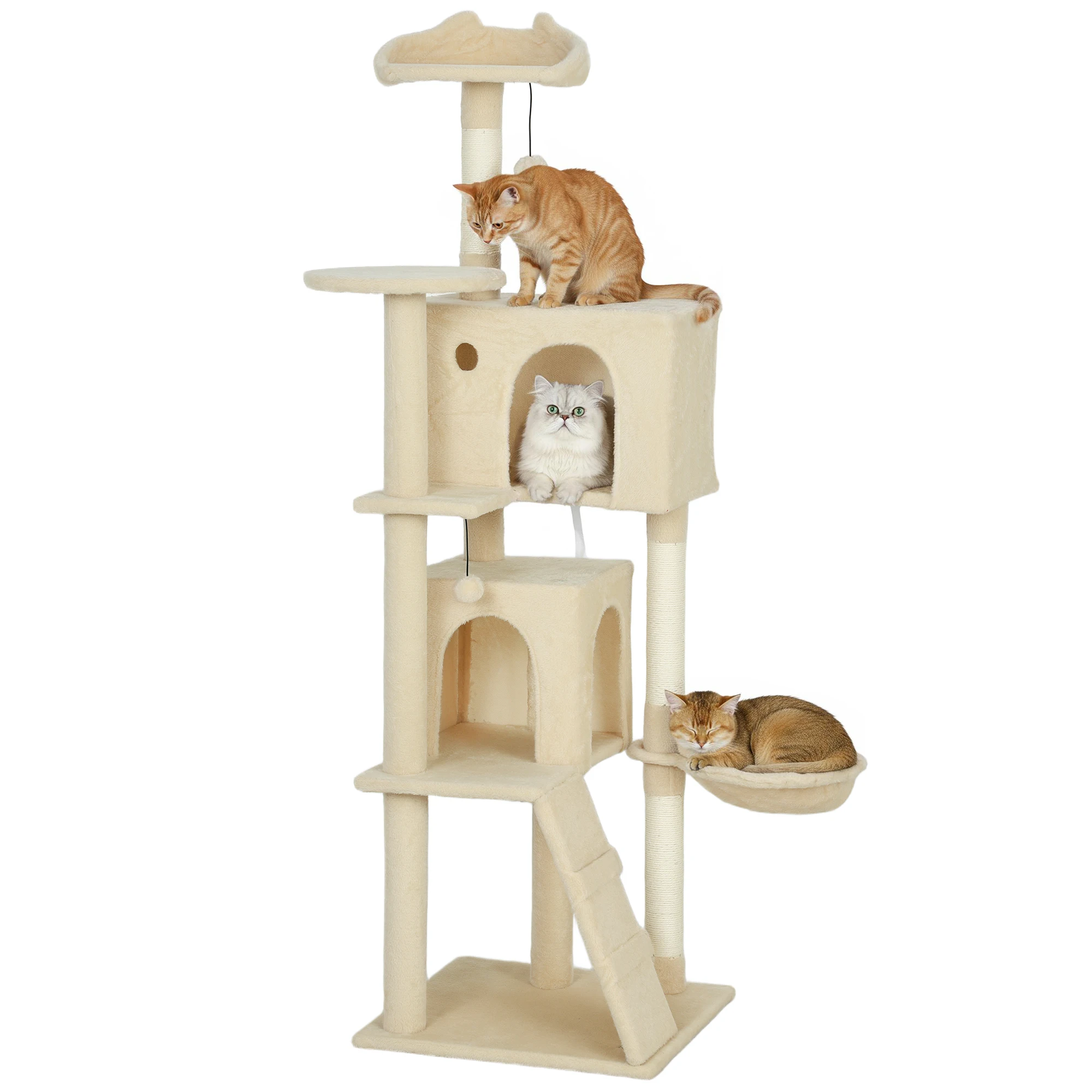 PawHut Kratzbaum 160 cm Torre per gatti con amaca, scala, grotta, palline di peluche