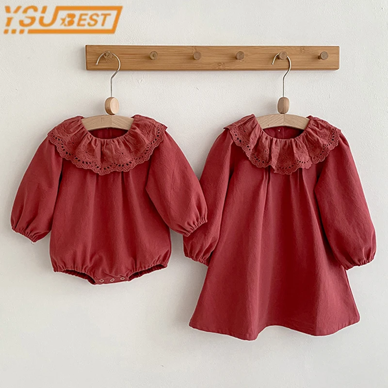 Spring Autum Princess Toddler Baby Long Sleeves Rompers Kids Baby Girls Sister Clothes Solid Color Girls Dresses Clothes