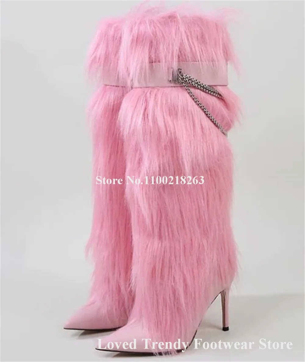 Winter Fashion Thick Fur Decorated Stiletto Heel Knee High Boots Pointed Toe Pink Red White Brown Metal Chains Long Boots