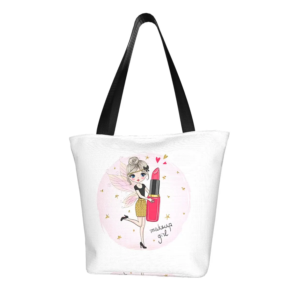 Custom Pink Ballet Girl Canvas Shopping Bags Women Portable Grocery Cartoon Ballerina Dancer Tote Shopper Bags