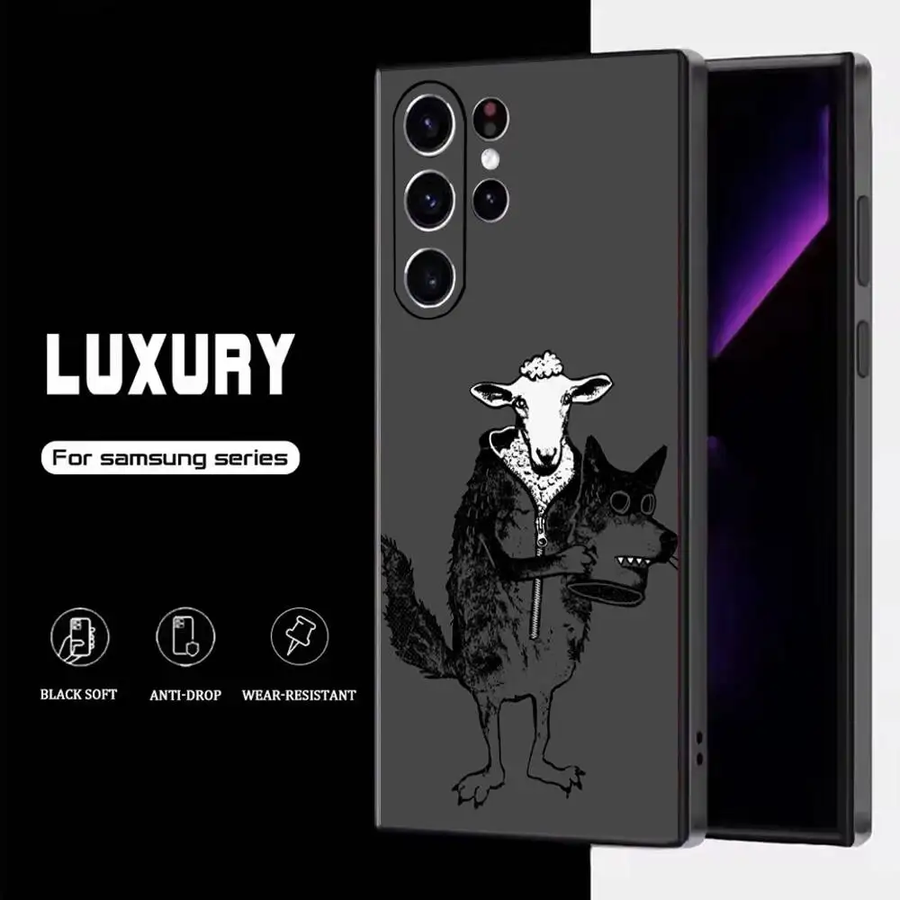 Funda de teléfono con diseño artístico de ovejas en el lobo para Samsung S25,S24,S23,S22,S21,S20,S10,Ultra,Plus,Lite,FE, funda negra de silicona suave