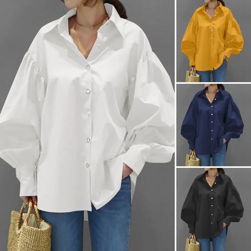 Spring New Large Size Casual Shirt 8XL 7XL 6XL 5XL Fashion Ladies Lantern Sleeve Lapel Retro Solid Color Top Office Shirt