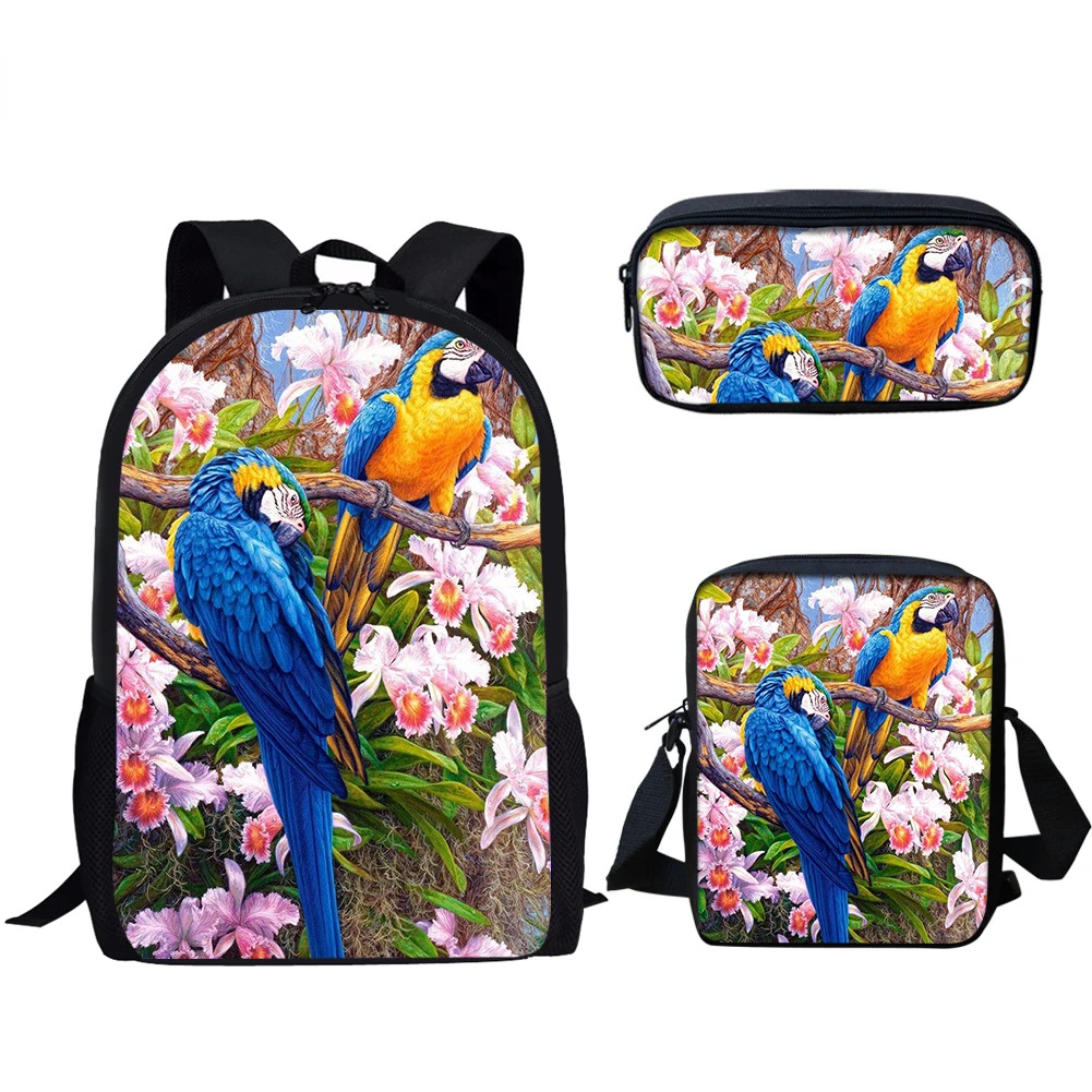 Popular Youthful Parrot Floral 3D Print 3pcs/Set Student Travel bags Laptop Daypack Backpack Shoulder Bag Pencil Case