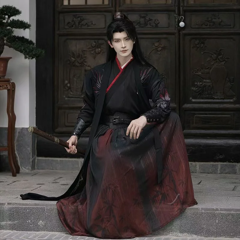 

Vintage Night Swordsman Cosplay Clothing Niche Original Black Red Hanfu Dress Men's Traditional Embroidery Cross Collar Costume