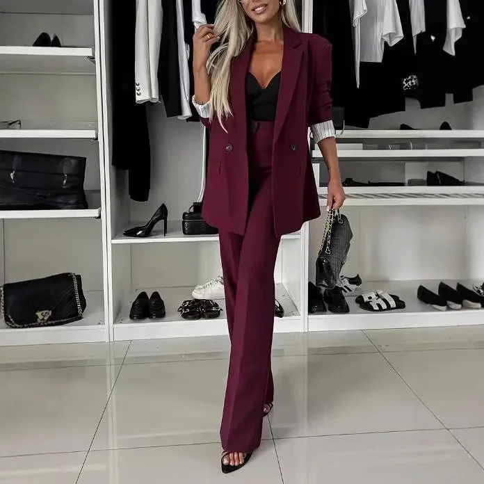 

2025 New Wine Red Blazer Wide Leg Pants Two Piece Set Women Fashion Slimming Temperament Professional Suit