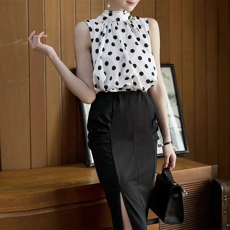 Summer Ruffled White Polka Dot Printed Elegant Sleeveless Tops Blouses for Women Korean Fashion Lace Up Office Lady Loose Shirts