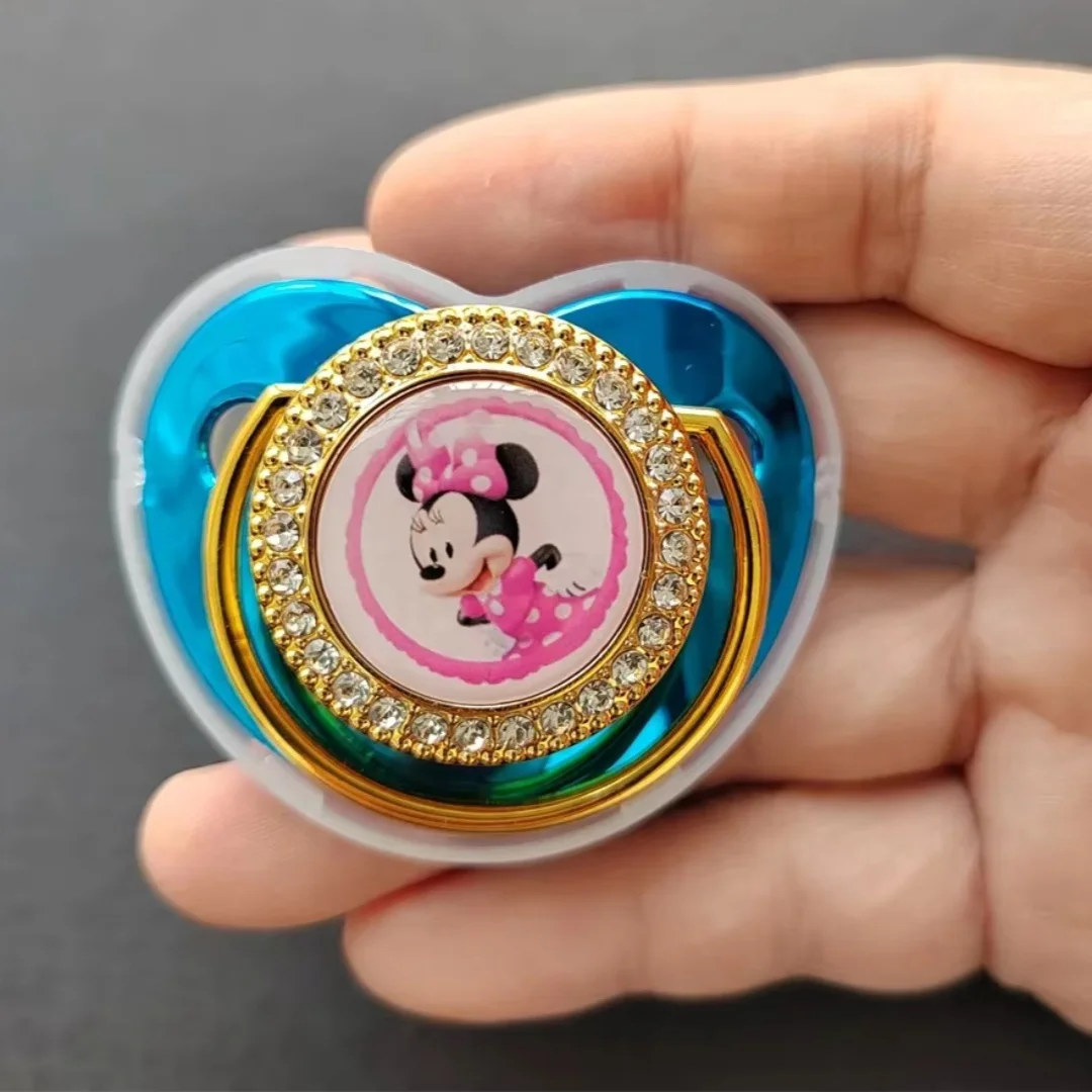 [1 set] Minnie Mouse Princess Bling CLIP PACIFI with Rhine Stone Fashion Baby Gift Chain Pacifier Baby Lollipop Teal Glue 0-24M