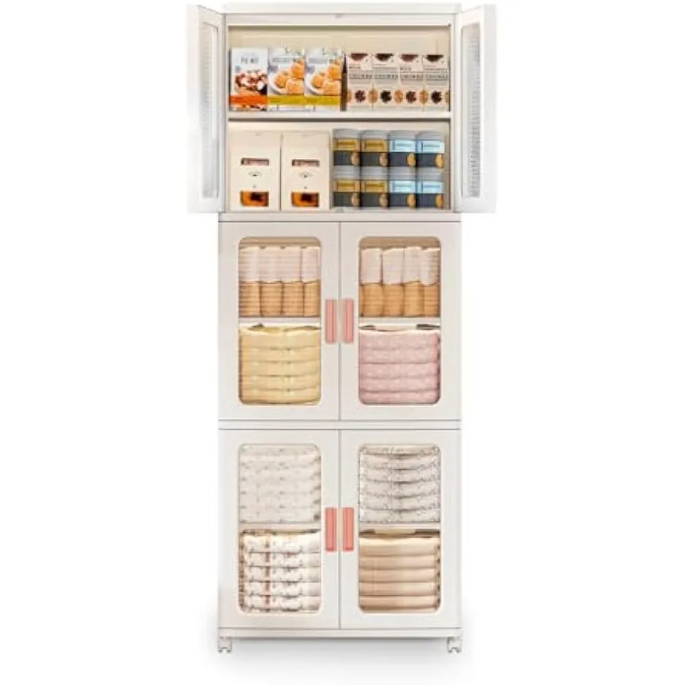

Storage Bins with Lids and Doors Storage Cabinet with Wheels Plastic Stackable Pantry Cabinet Cupboard Closet Foldable Kitchen C