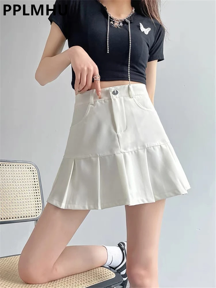 Sexy High Wasit Mini Pleated Skirt Women Summer Ovrersized 5xl Uniforms Safety Whiter Skirts Preppy Style Short Korean Skirt