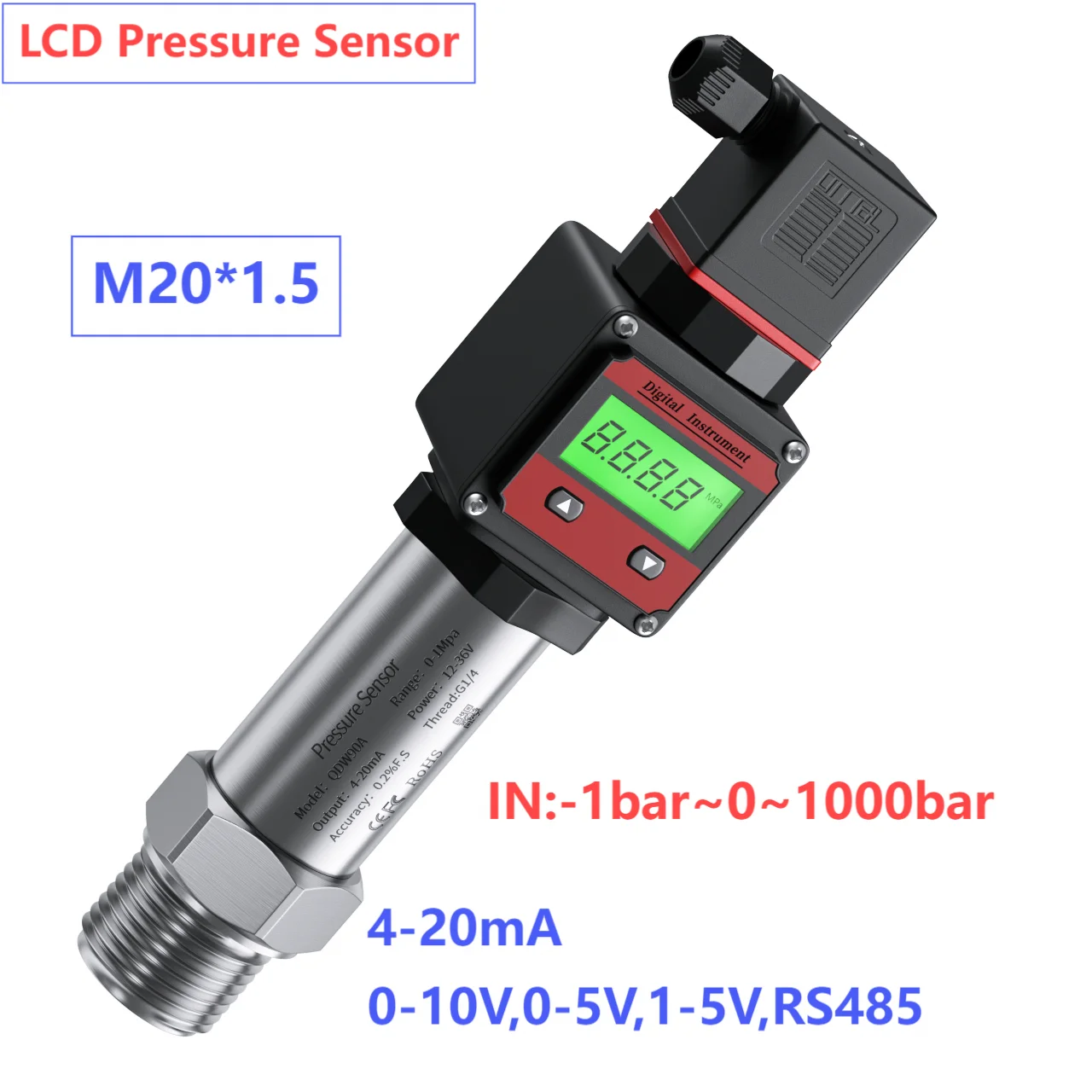 M20*1.5 Pressure Transmitter Digital Display -1bar 10bar 20bar 30bar 50bar Gauge 4-20mA RS485 LCD Hersman Pressure Sensor 0-10V