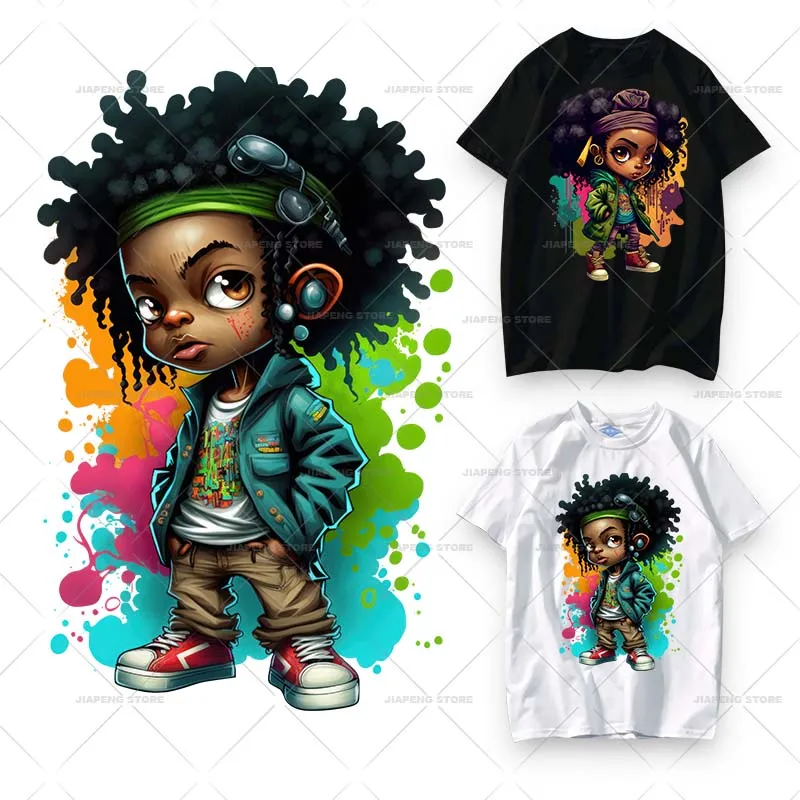 

Cool Fashion Trendy Black Girl Print Stickers Iron on Heat Transfers For Clothes Cartoon Colorful Thermal on T-shirt Appliques
