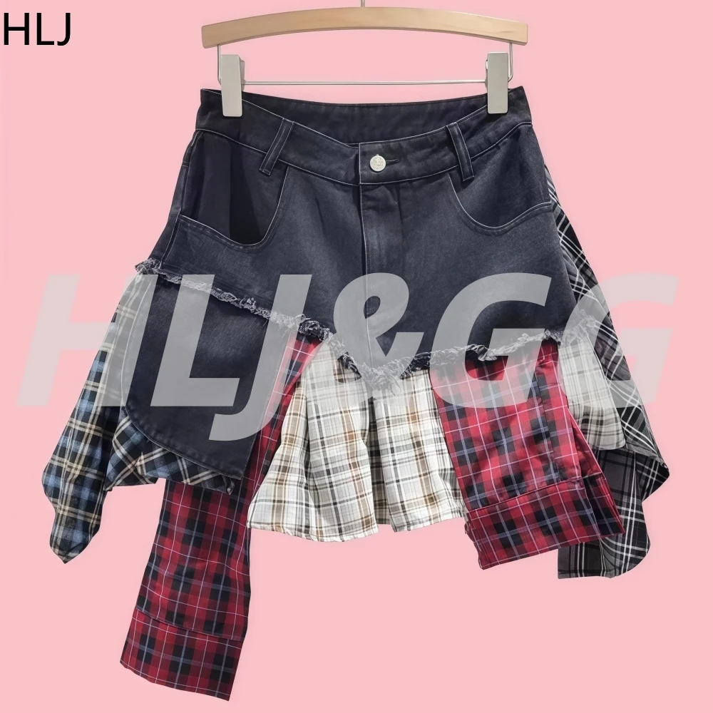 

HLJ Fashion Checkered Print Denim Patchwork Skirts for Women High-waisted A-line Skirt Female Streetwear Bottoms 2025 Autumn New
