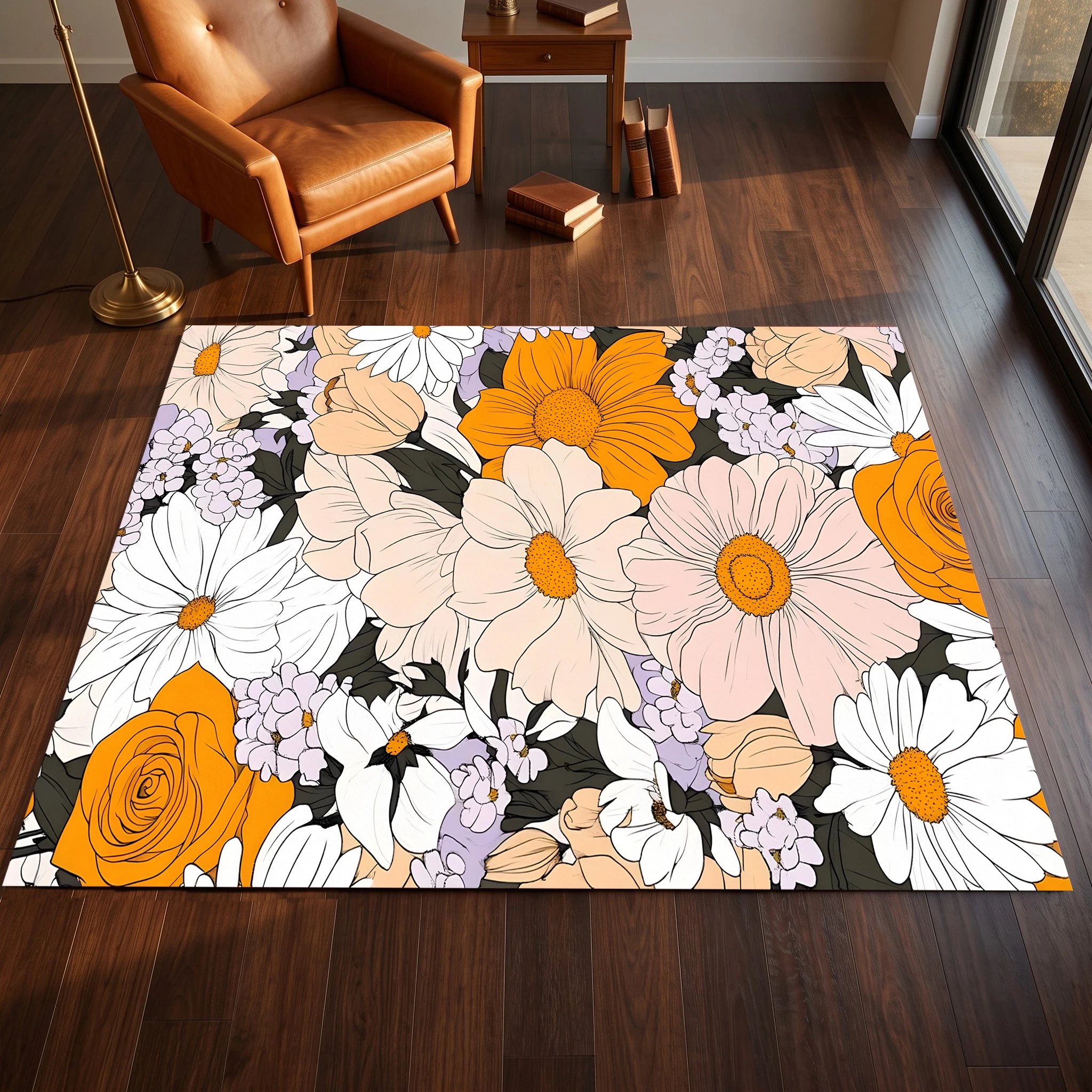 A Colorful Daisy and Rose Floral Vintage-Style Velvet Rug Suitable for Living Rooms and Bedrooms in Autumn and Winter, Creating a Warm and Harvest-Like Atmosphere