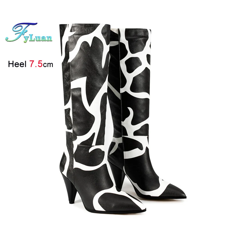 

Zebra stripes Tall Boots Women Autumn Shoes 7.5CM Spike Heels Knee High Boots 2026 New Woman Pointed Toe Long Pipe Booties CD