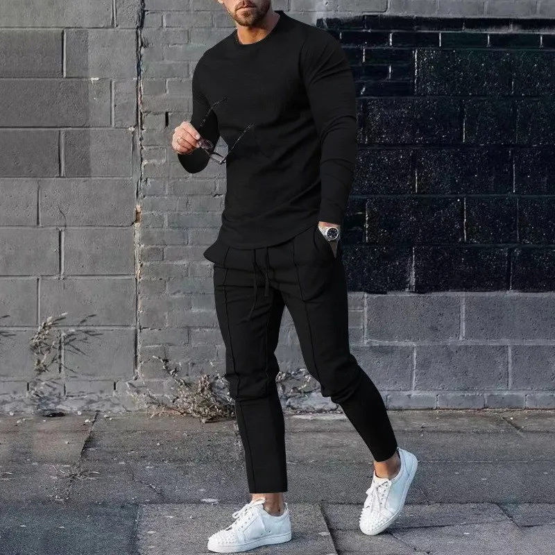 Solid Color Men Suit Long Sleeve T-shirt Long Pants 2 Pieces Set Tracksuit Casual Male Streetwear Oversize Clothing Sweatshirt