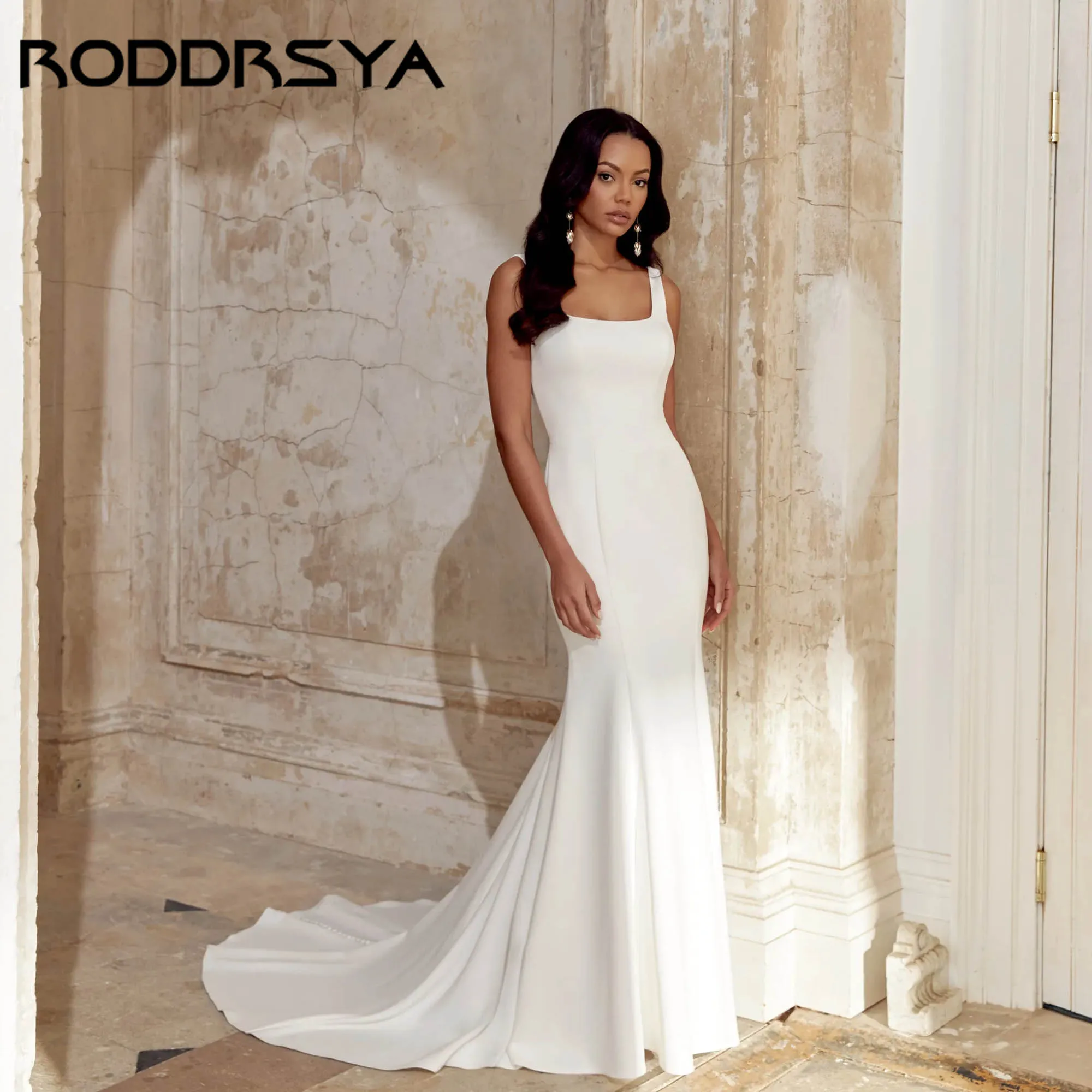 

RODDRSY Mermaid Wide Straps Wedding Gown Square Neck Satin Appliques Bridal Dress Back Buttons vestidos de novia 2026 Customized