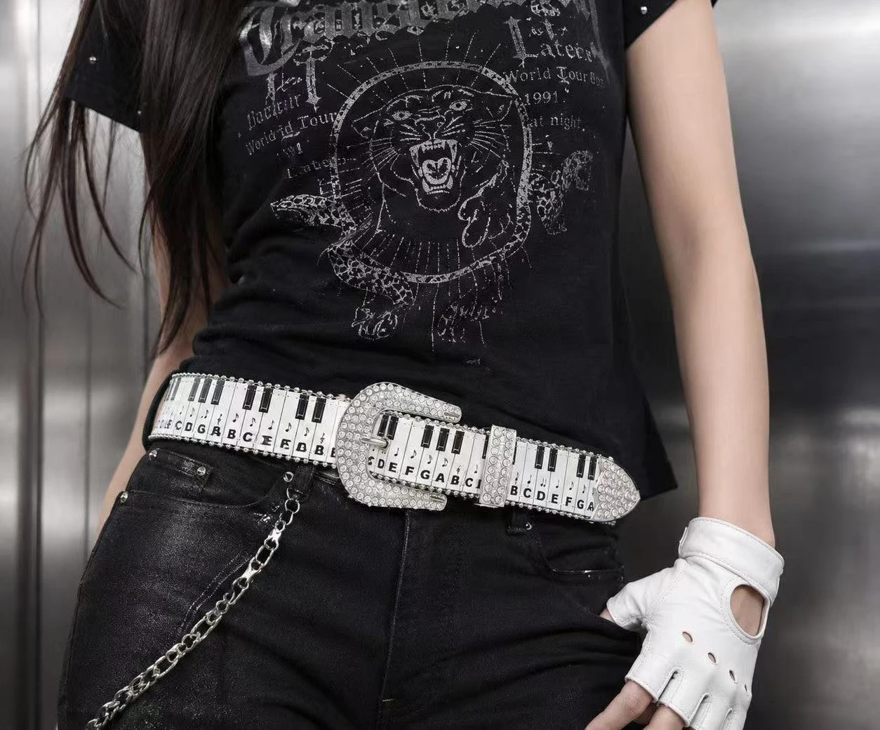 Women's Piano Key Note Print Rhinestone Belt Y2K Sparkly Punk Harajuku PU Leather Waistband Adjustable Studded Belt for Jeans