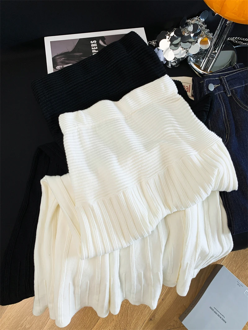 

High Waist Elastic Slimming Knitted Pleated Midi Skirt for Women Autumn Winter Thiened Korean Sle Commute Straight A-Line...