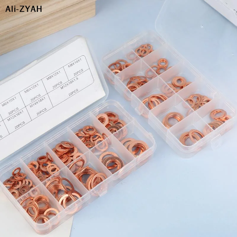 【HMA73】100/200 Stück Kupfer-Unterlegscheiben, Muttern und Schrauben mit Box M4/M5/M6/M8/M10/M12/M14 Dichtungskombinations-Set für Ölwannenstopfen