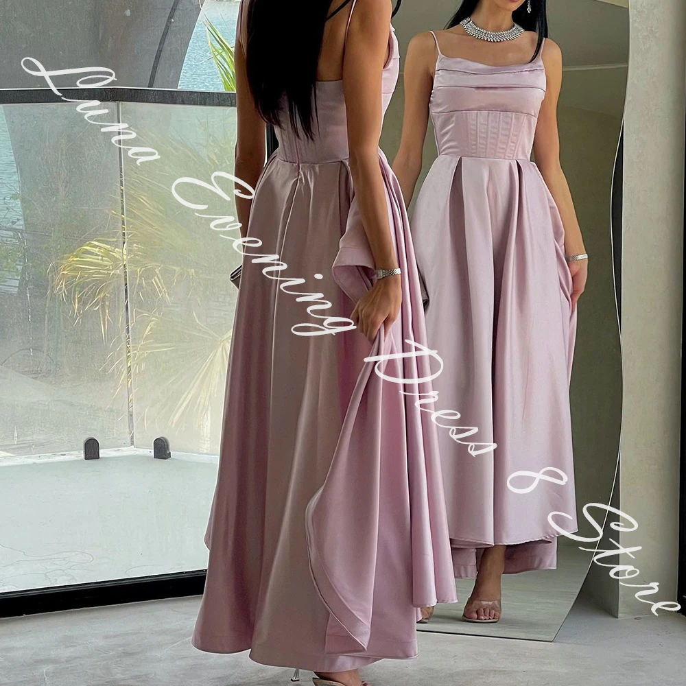 Customized Formal Satin A-Line Spaghetti Straps Evening Dress Strapless Floor Length Sleeveless Solid Color Vestidos de fiesta