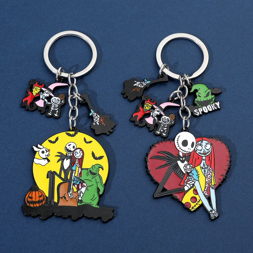 Disney Anime The Nightmare Before Christmas Heart-shaped Enamel keychain Jack Skellington Sally Keyrings for Car Key Accessories