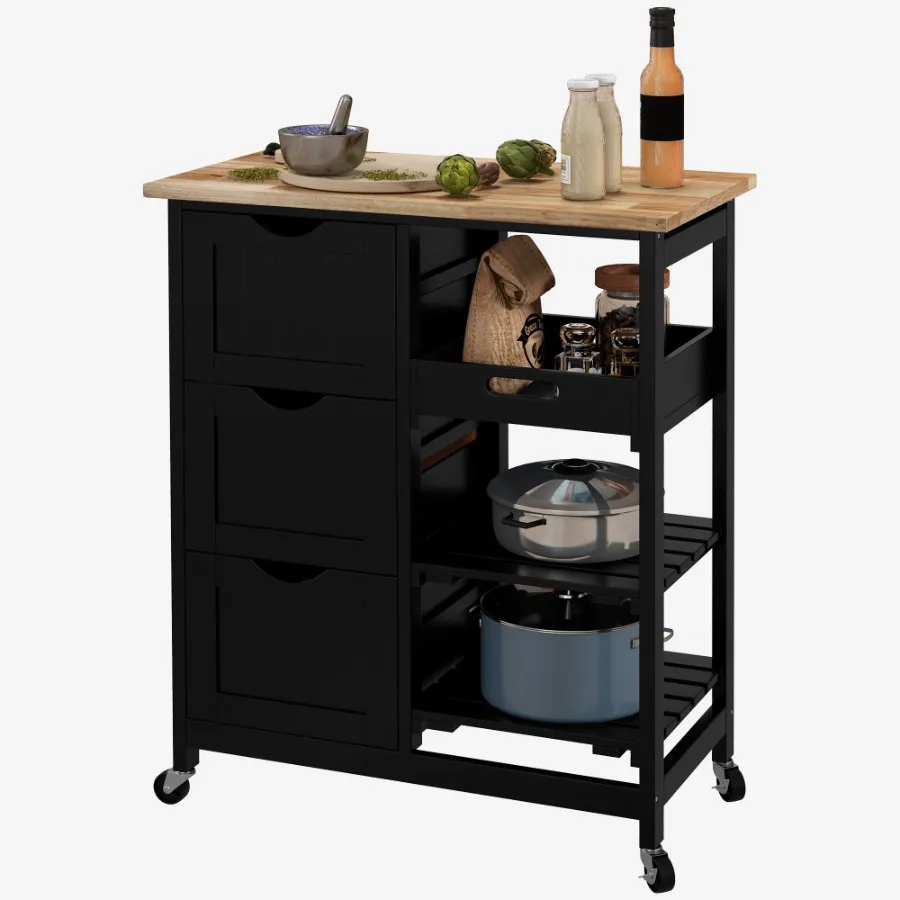 

HOMCOM Kitchen Island on Wheels Black with Wood Top Shelves Drawers