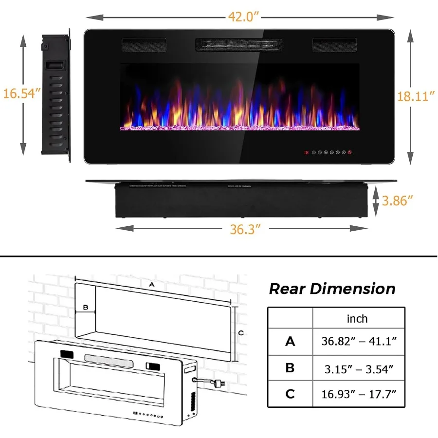 مدفأة كهربائية 42 بوصة 750 وات/1500 وات مدفأة مثبتة على الحائط مع جهاز تحكم عن بعد لغرف المعيشة الداخلية 12