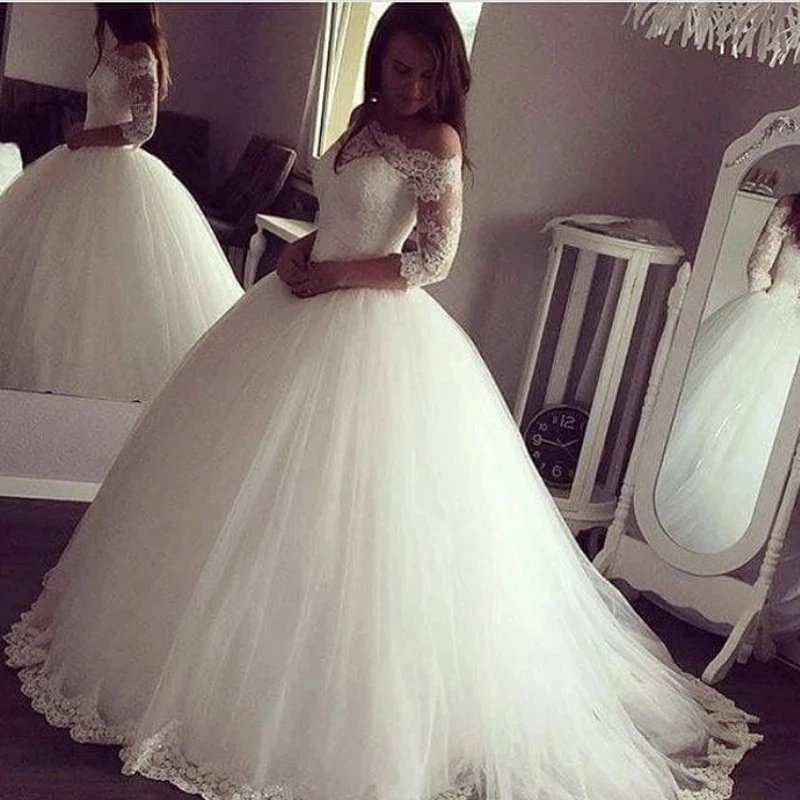 ANGELSBRIDEP-vestido De baile De manga larga, traje De novia Formal, apliques De cuello De barco, tren De corte