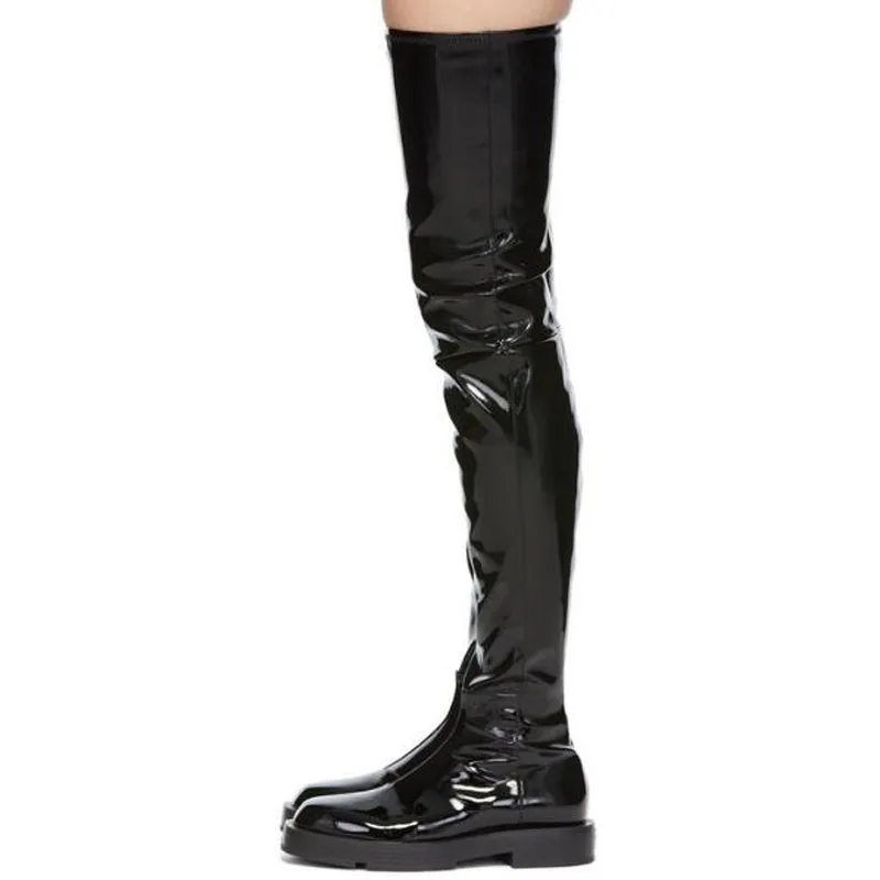 

Winter Lady Black Patent Leather Over The Knee Flat Boots Woman Round Toe Slim Slip On Long High Top Leisure Thigh Long Boots