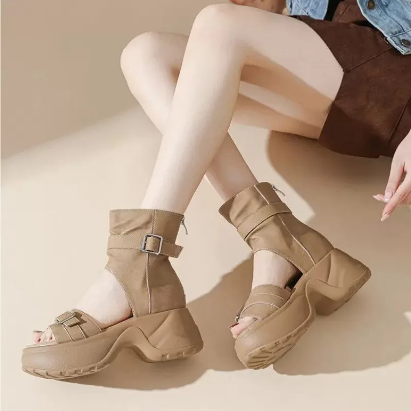 

Retro Heightened Versatile Platform Open Toe Slide Boots Women Summer New Small Roma Sandals