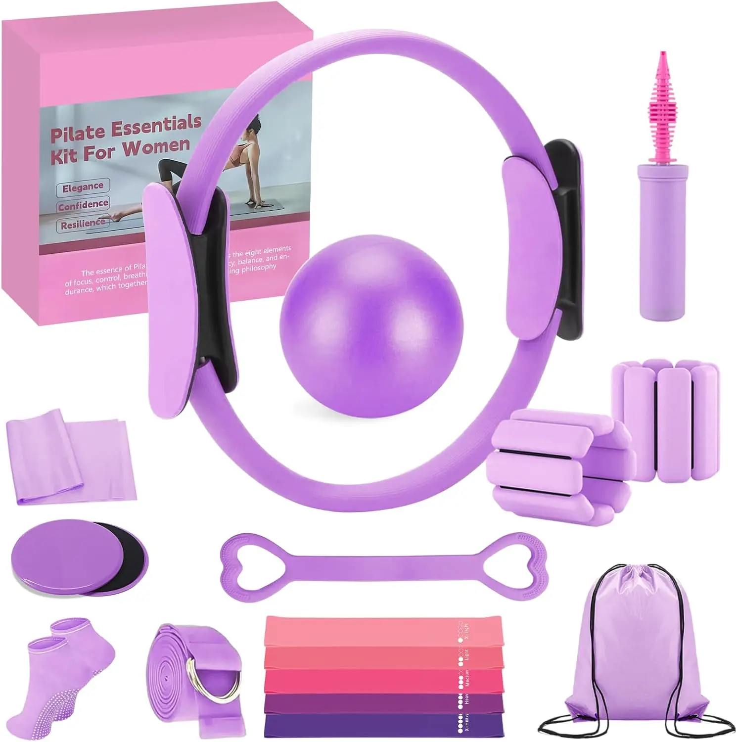 

Complete Pilates Equipment Set for Home Workouts with Ring, Ball, Bands, Weights & Accessories