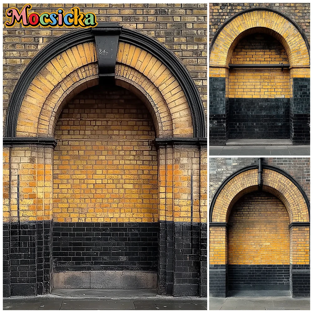 

Mocsicka Vintage Brick Archway Photography Backdrop Industrial Yellow Black Wall Background Urban Kid Portrait Photo Studio Prop