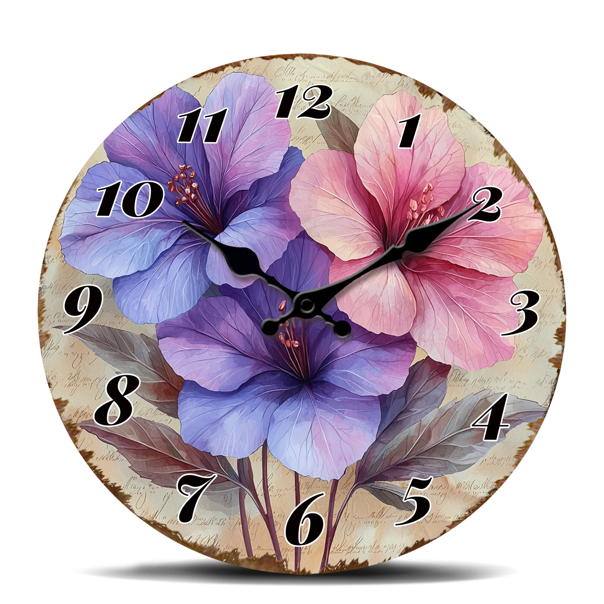 Lila und rosa Hibiskusblüten, runde Wanduhr, tropisches Blumendekor, geräuschlose, nicht tickende Quarzuhr mit lebendiger Botanik