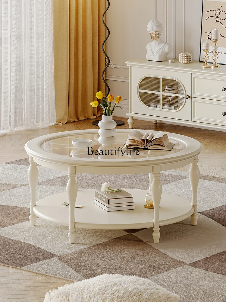 

French cream wind round coffee table cherry wood modern simple living room home tempered glass tea table