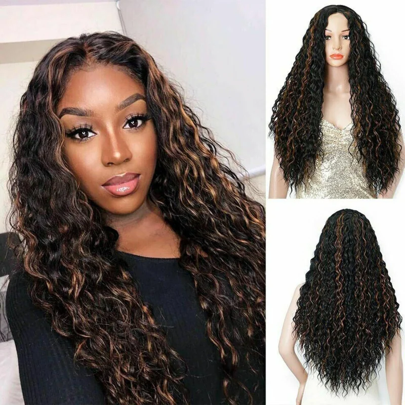 

European and American Style Women's Front Lace Synthetic Wig Brown Mixed Color Middle Part Long Curly Hair Wig