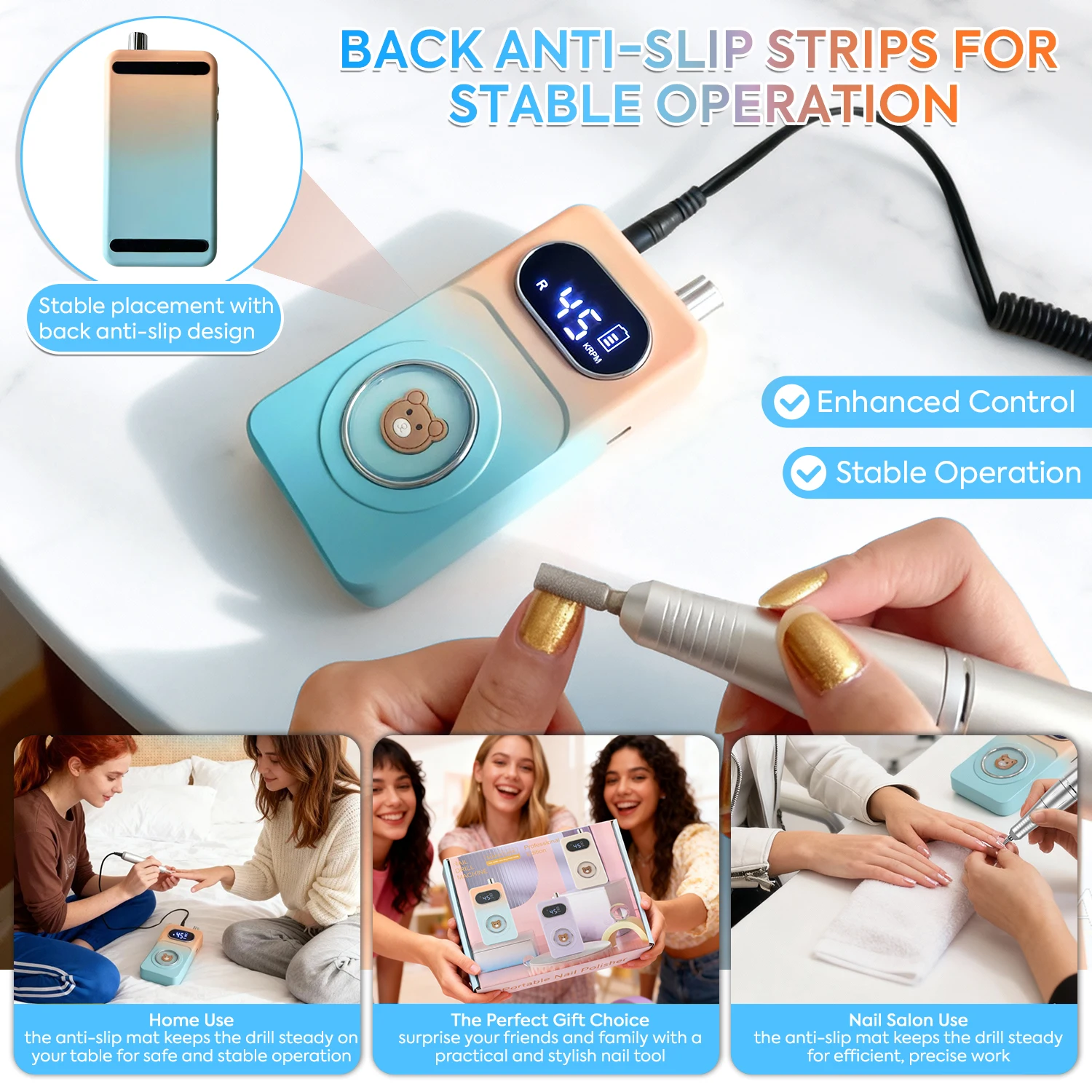 Trapano per unghie ricaricabile Lima per unghie elettrica portatile da 45000 giri/min con design simpatico orso, velocità regolabile e display LCD