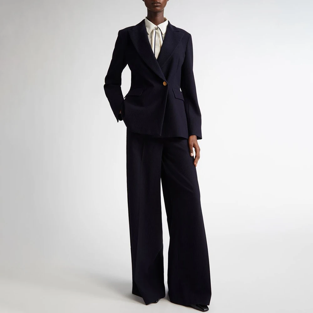 Women's Tailored Black Fine Stripe Corduroy Suit Set Slim-Fit Single-Button 2Pieces(Blazer+Pants) for Commuter Elegance Custom